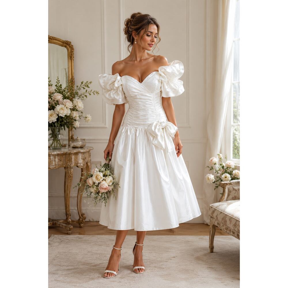 Vintage Julie Duroche Satin Wedding Dress Off Shoulder Puff Sleeve Bridal 2